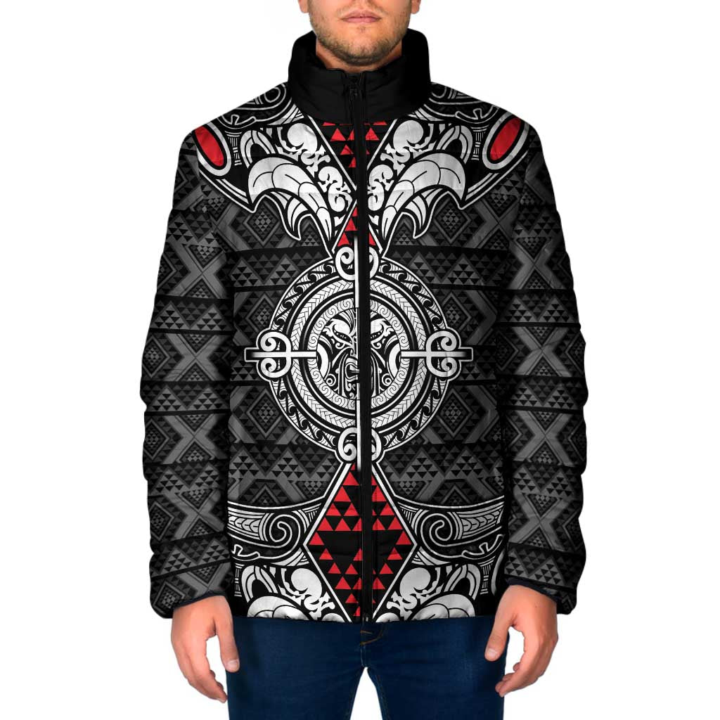 Black Aotearoa Taniko Motif Padded Jacket Vintage Maori New Zealand Tribal Art Pattern - Polynesian Pride