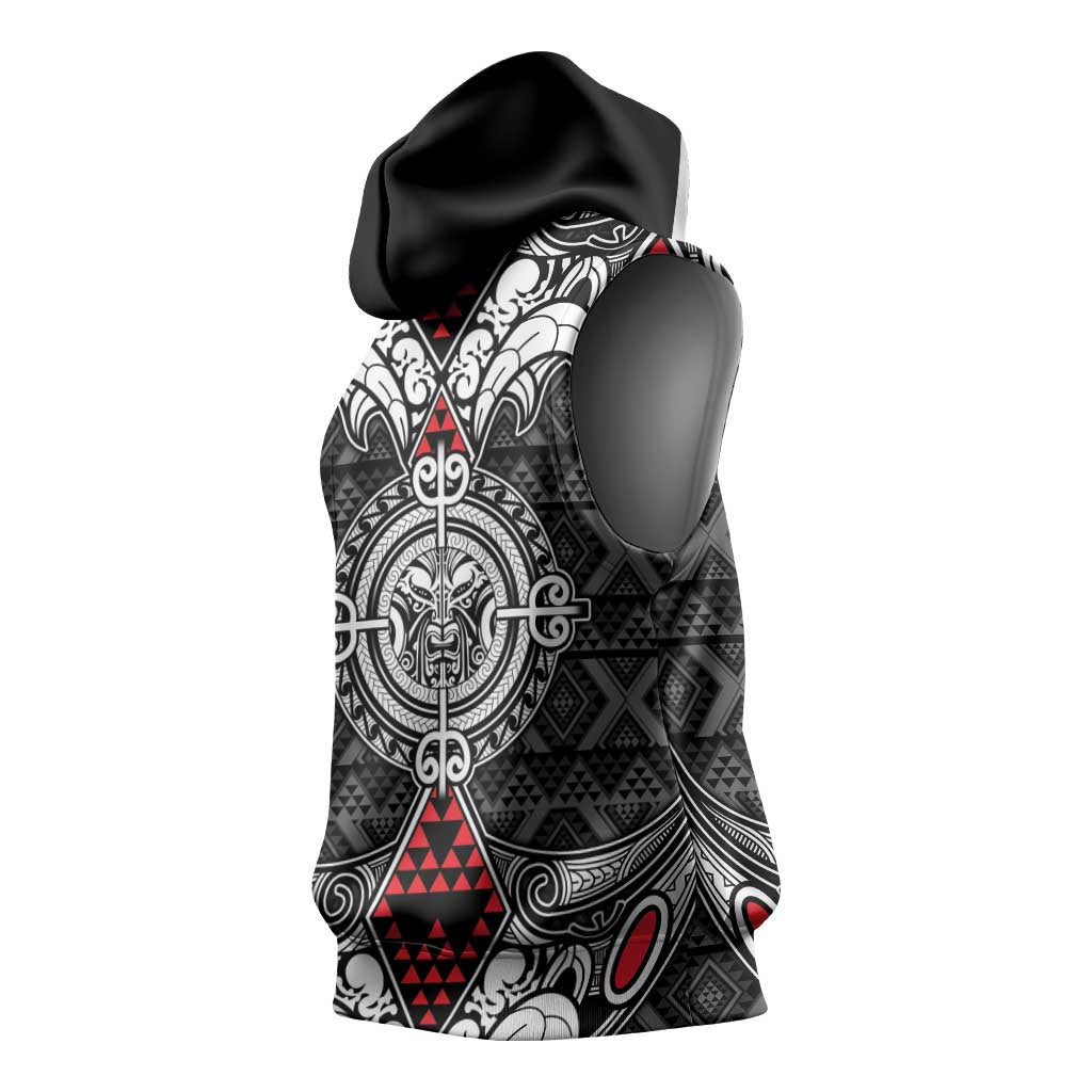 Black Aotearoa Taniko Motif Sleeveless Hoodie Vintage Maori New Zealand Tribal Art Pattern - Polynesian Pride