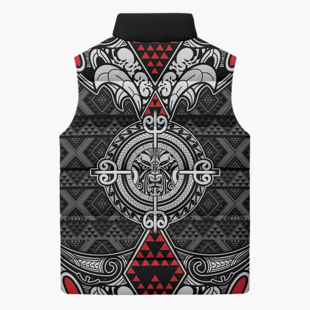 Black Aotearoa Taniko Motif Sleeveless Puffer Jacket Vintage Maori New Zealand Tribal Art Pattern - Polynesian Pride