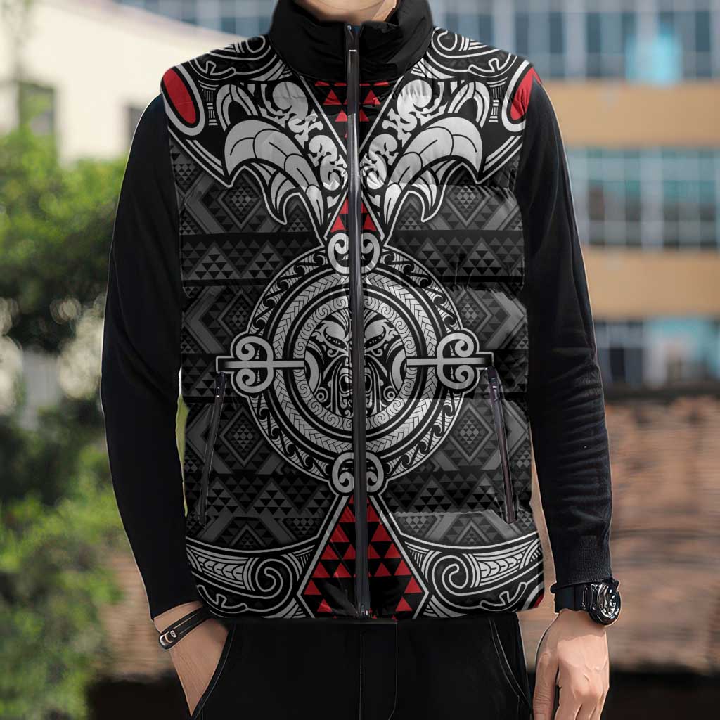 Black Aotearoa Taniko Motif Sleeveless Puffer Jacket Vintage Maori New Zealand Tribal Art Pattern - Polynesian Pride