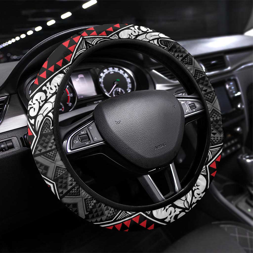 Black Aotearoa Taniko Motif Steering Wheel Cover Vintage Maori New Zealand Tribal Art Pattern LT9 Universal Fit Black - Polynesian Pride