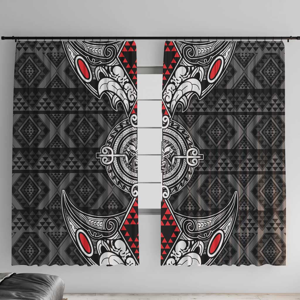 Black Aotearoa Taniko Motif Window Curtain Vintage Maori New Zealand Tribal Art Pattern LT9 With Hooks Black - Polynesian Pride