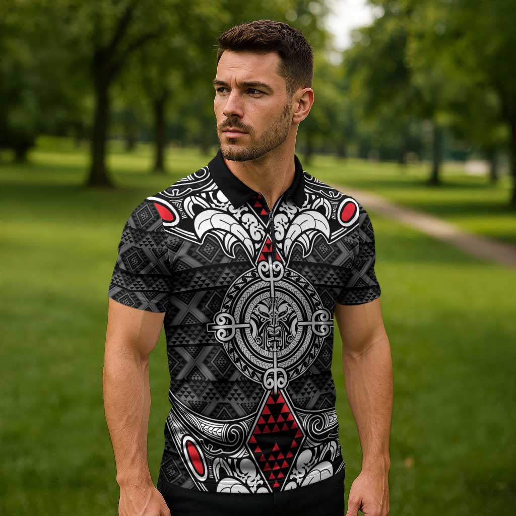 Black Aotearoa Taniko Motif Zipper Polo Shirt Vintage Maori New Zealand Tribal Art Pattern - Polynesian Pride