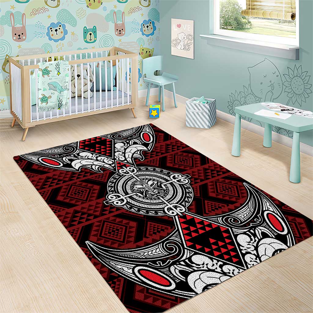 Red Aotearoa Taniko Motif Area Rug Vintage Maori New Zealand Tribal Art Pattern