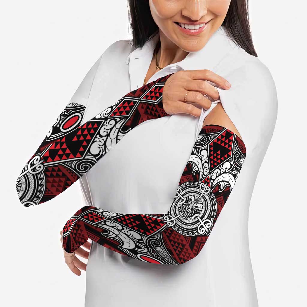 Red Aotearoa Taniko Motif Arm Sleeves Vintage Maori New Zealand Tribal Art Pattern - Polynesian Pride