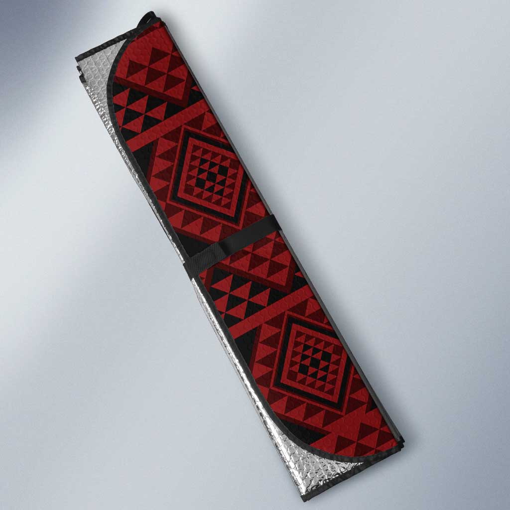 Red Aotearoa Taniko Motif Auto Sun Shade Vintage Maori New Zealand Tribal Art Pattern - Polynesian Pride