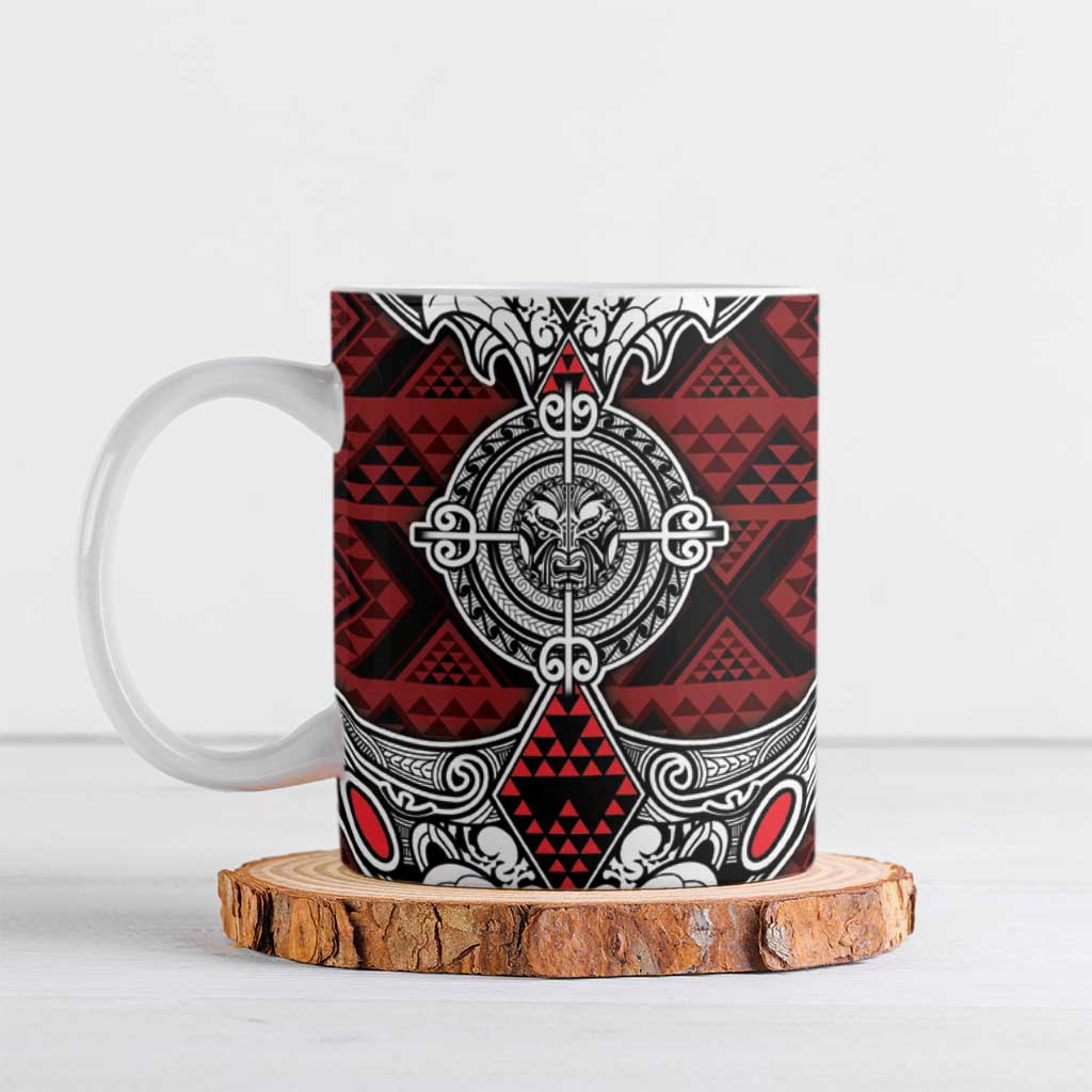Red Aotearoa Taniko Motif Ceramic Mug Vintage Maori New Zealand Tribal Art Pattern - Polynesian Pride