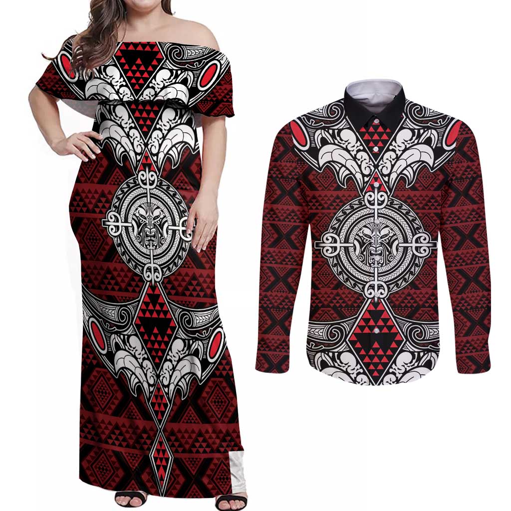 Red Aotearoa Tanilo Motif Couples Matching Off Shoulder Maxi Dress and Long Sleeve Button Shirt Vintage Maori New Zealand Tribal Art Pattern LT9 Red - Polynesian Pride