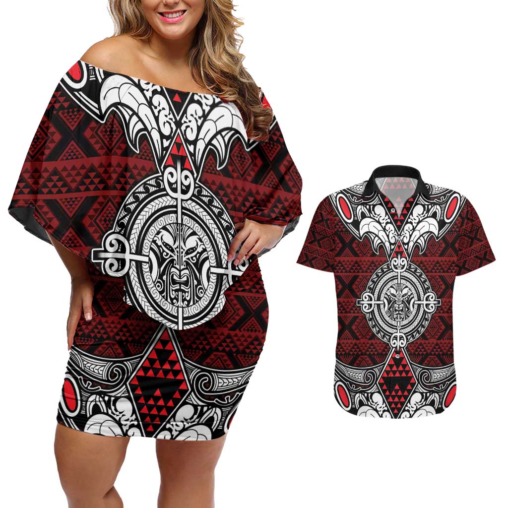 Red Aotearoa Tanilo Motif Couples Matching Off Shoulder Short Dress and Hawaiian Shirt Vintage Maori New Zealand Tribal Art Pattern LT9 Red - Polynesian Pride