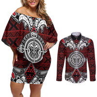 Red Aotearoa Tanilo Motif Couples Matching Off Shoulder Short Dress and Long Sleeve Button Shirt Vintage Maori New Zealand Tribal Art Pattern