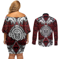 Red Aotearoa Tanilo Motif Couples Matching Off Shoulder Short Dress and Long Sleeve Button Shirt Vintage Maori New Zealand Tribal Art Pattern