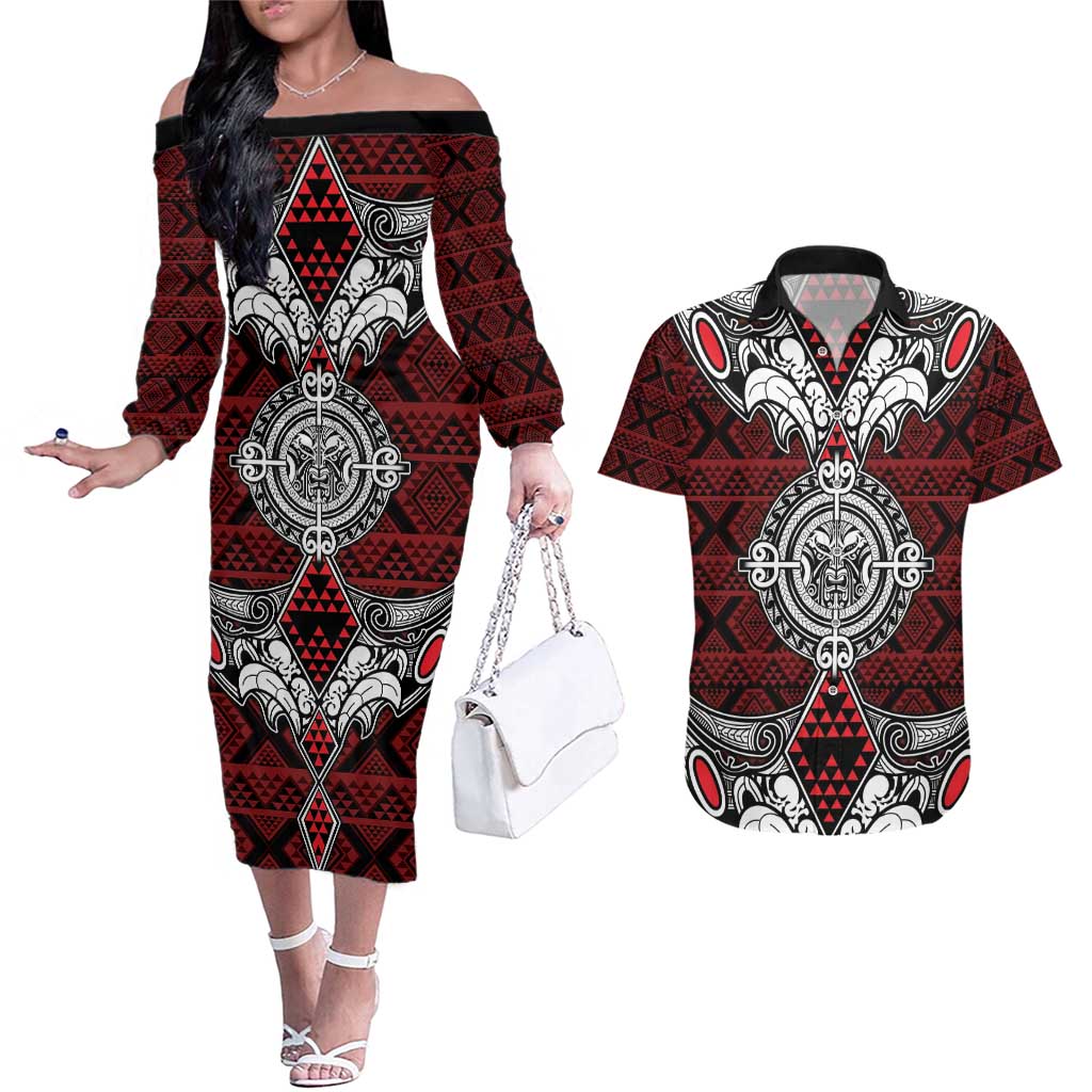 Red Aotearoa Tanilo Motif Couples Matching Off The Shoulder Long Sleeve Dress and Hawaiian Shirt Vintage Maori New Zealand Tribal Art Pattern LT9 Red - Polynesian Pride