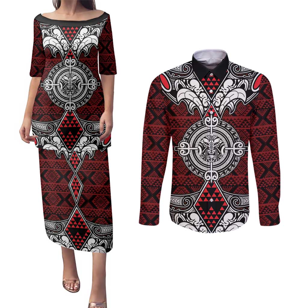 Red Aotearoa Tanilo Motif Couples Matching Puletasi and Long Sleeve Button Shirt Vintage Maori New Zealand Tribal Art Pattern LT9 Red - Polynesian Pride