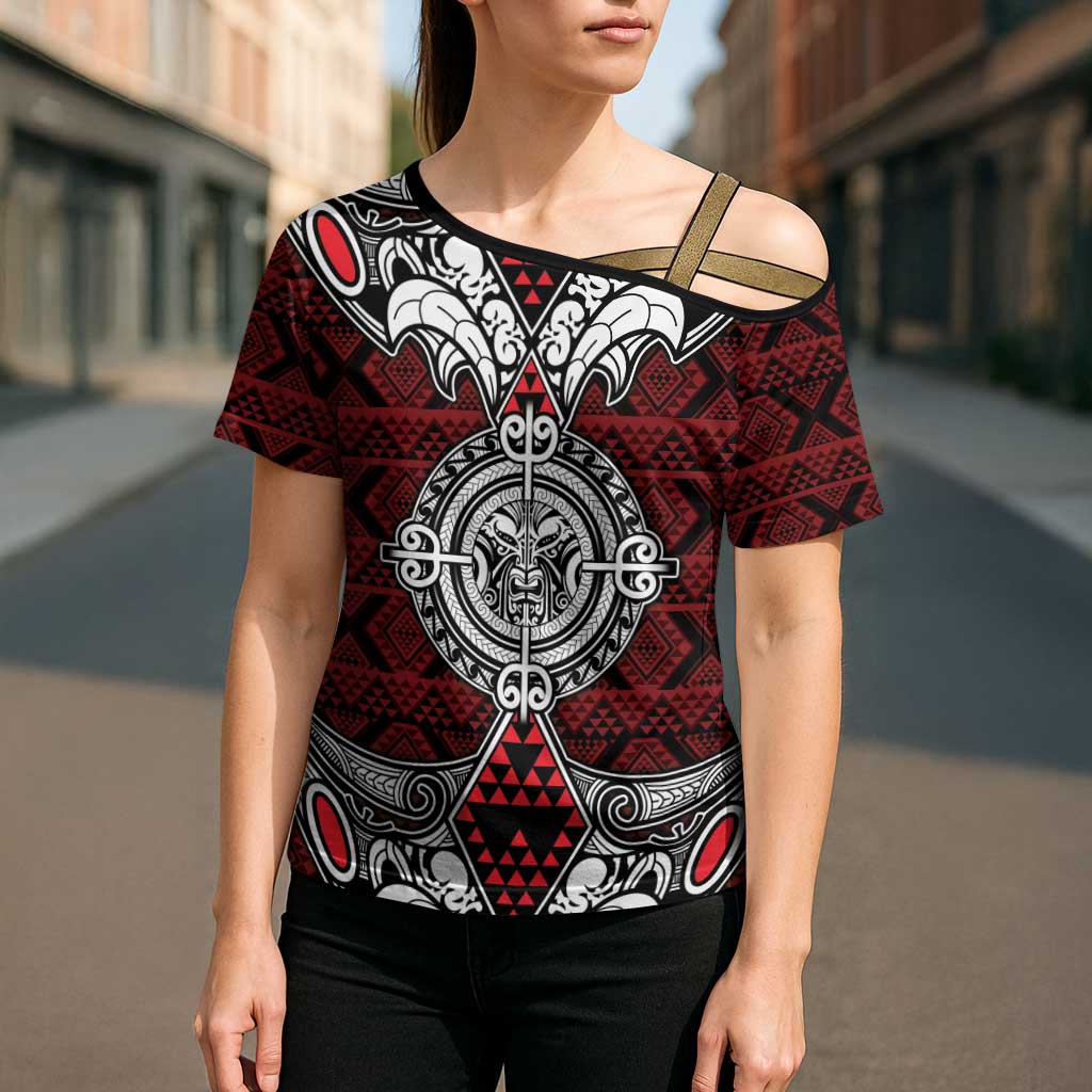 Red Aotearoa Taniko Motif Cross Shoulder Shirt Vintage Maori New Zealand Tribal Art Pattern - Polynesian Pride