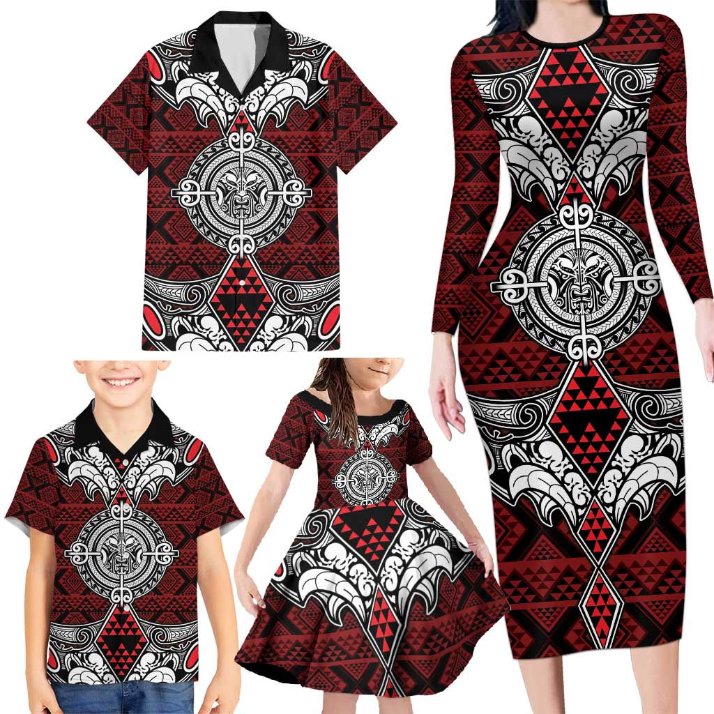 Red Aotearoa Tanilo Motif Family Matching Long Sleeve Bodycon Dress and Hawaiian Shirt Vintage Maori New Zealand Tribal Art Pattern