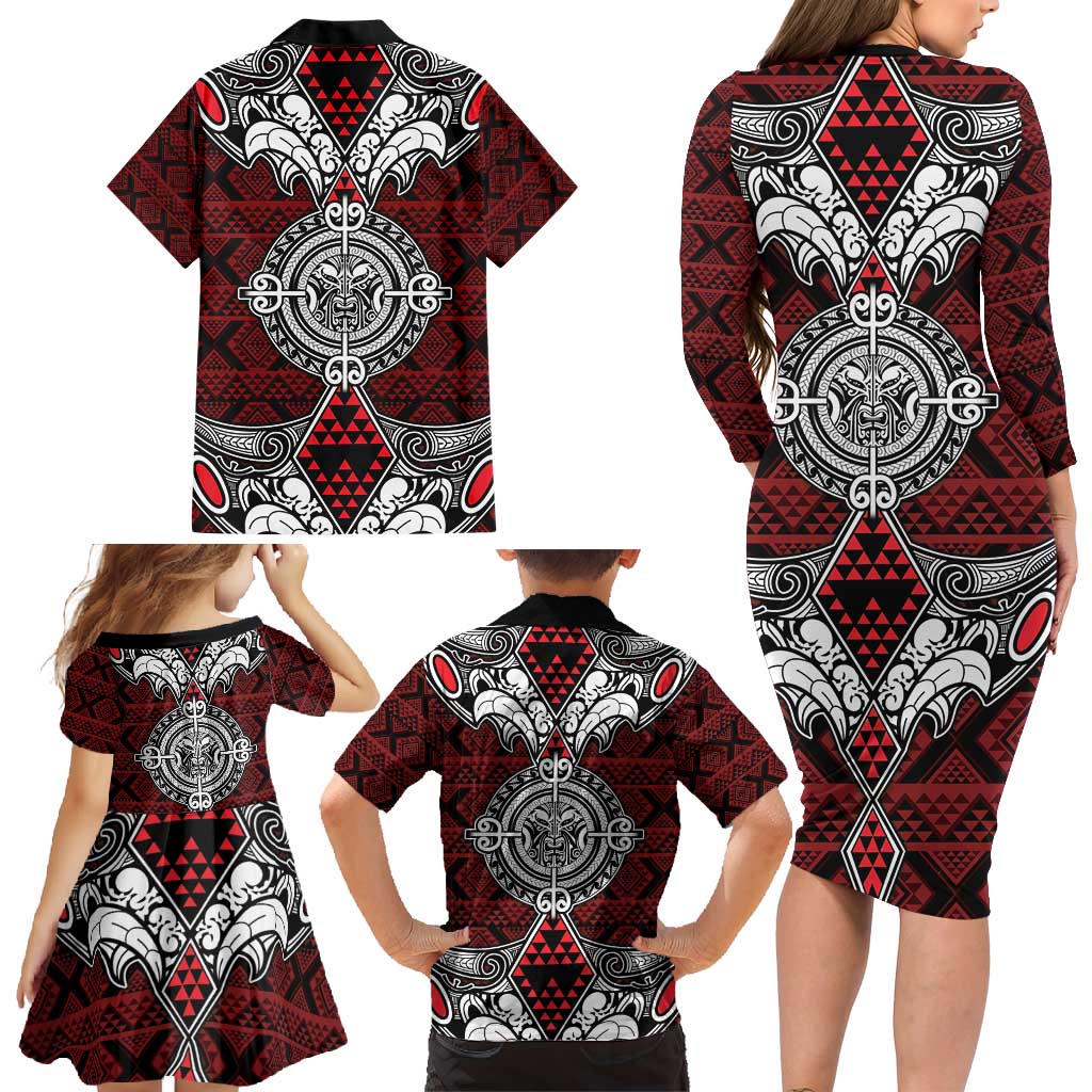 Red Aotearoa Tanilo Motif Family Matching Long Sleeve Bodycon Dress and Hawaiian Shirt Vintage Maori New Zealand Tribal Art Pattern