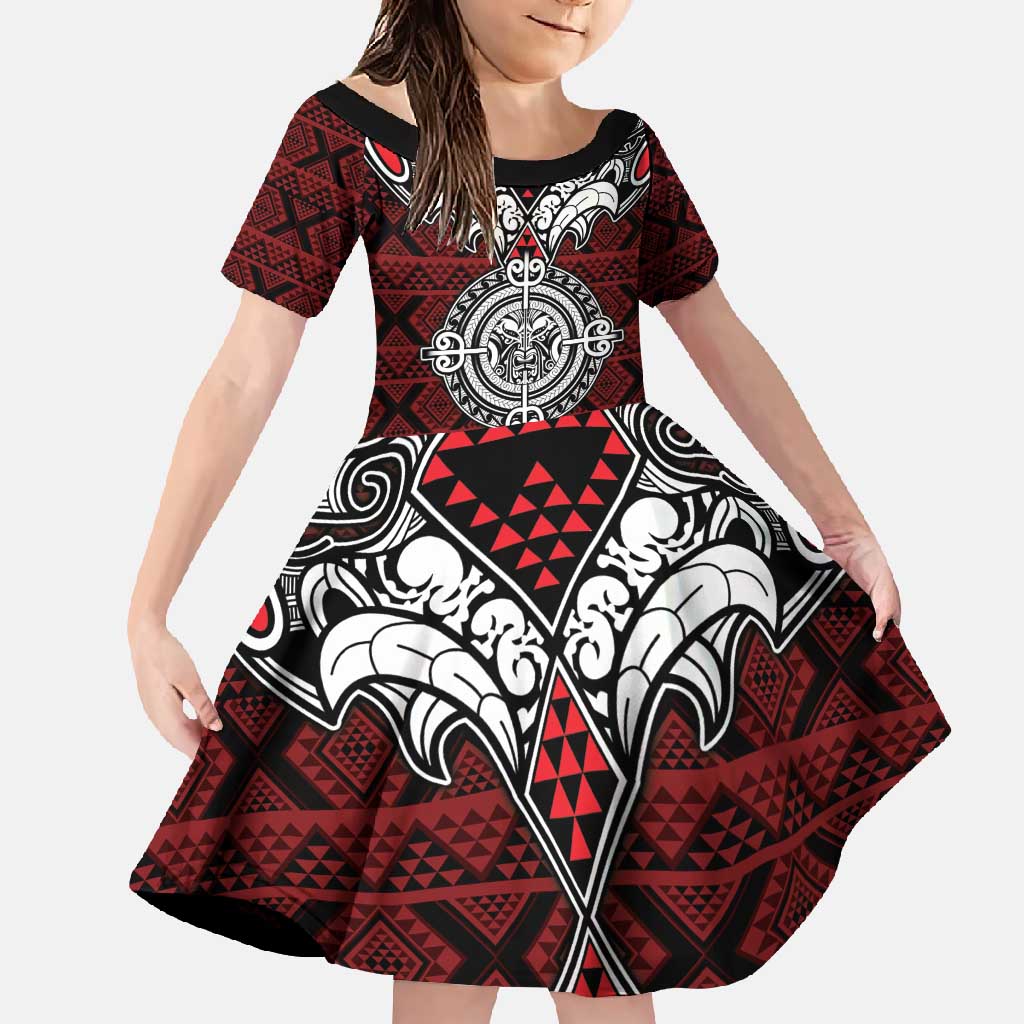 Red Aotearoa Tanilo Motif Family Matching Mermaid Dress and Hawaiian Shirt Vintage Maori New Zealand Tribal Art Pattern
