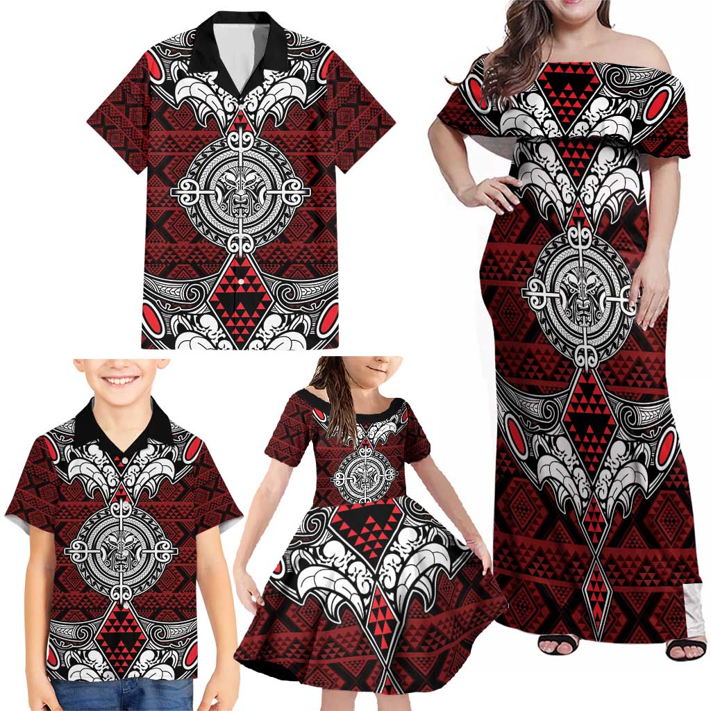 Red Aotearoa Tanilo Motif Family Matching Off Shoulder Maxi Dress and Hawaiian Shirt Vintage Maori New Zealand Tribal Art Pattern