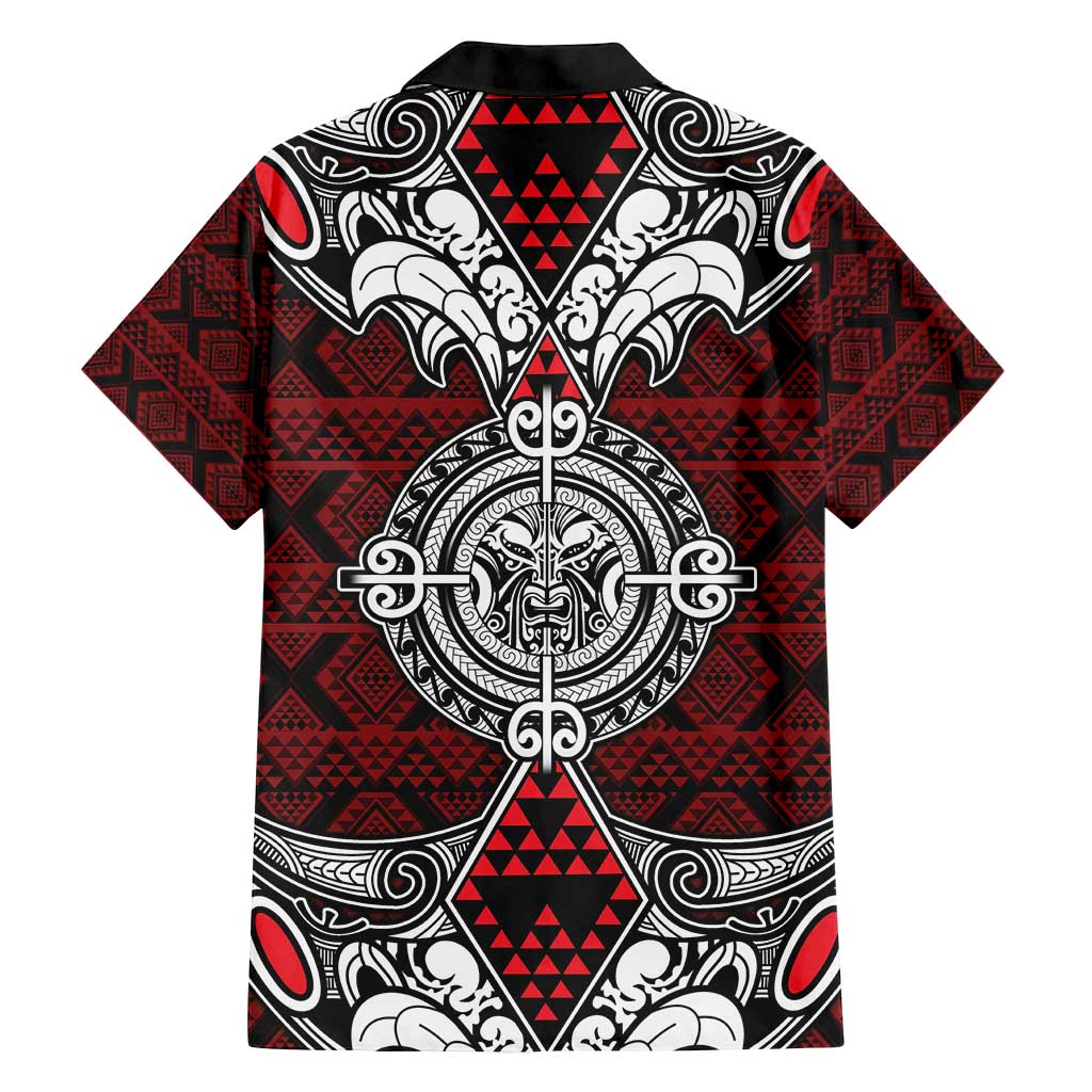 Red Aotearoa Tanilo Motif Family Matching Off Shoulder Short Dress and Hawaiian Shirt Vintage Maori New Zealand Tribal Art Pattern