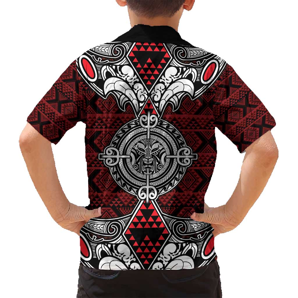 Red Aotearoa Tanilo Motif Family Matching Puletasi and Hawaiian Shirt Vintage Maori New Zealand Tribal Art Pattern