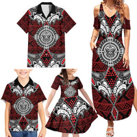 Red Aotearoa Tanilo Motif Family Matching Summer Maxi Dress and Hawaiian Shirt Vintage Maori New Zealand Tribal Art Pattern