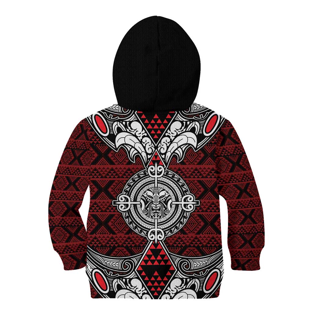 Red Aotearoa Tanilo Motif Kid Hoodie Vintage Maori New Zealand Tribal Art Pattern