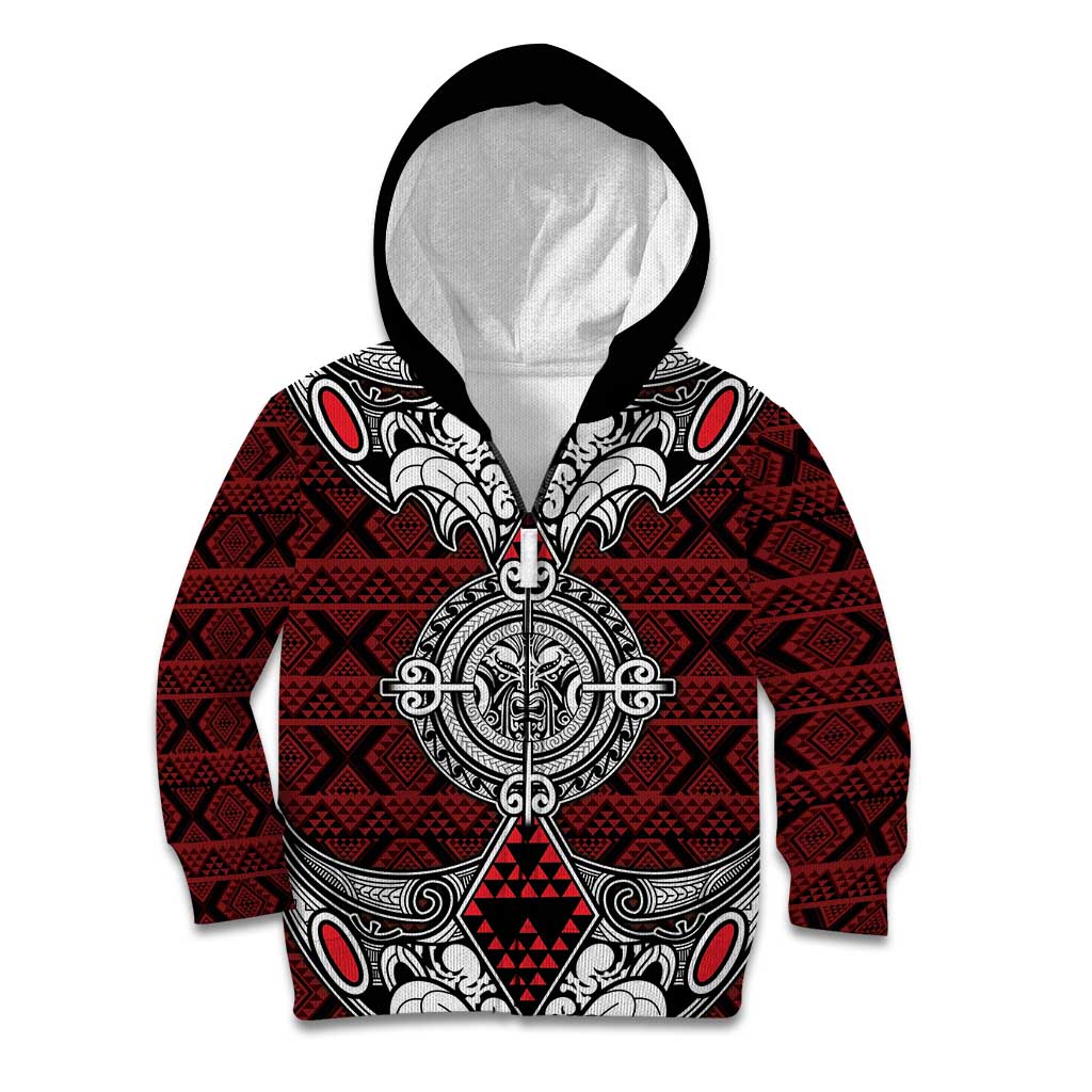 Red Aotearoa Tanilo Motif Kid Hoodie Vintage Maori New Zealand Tribal Art Pattern