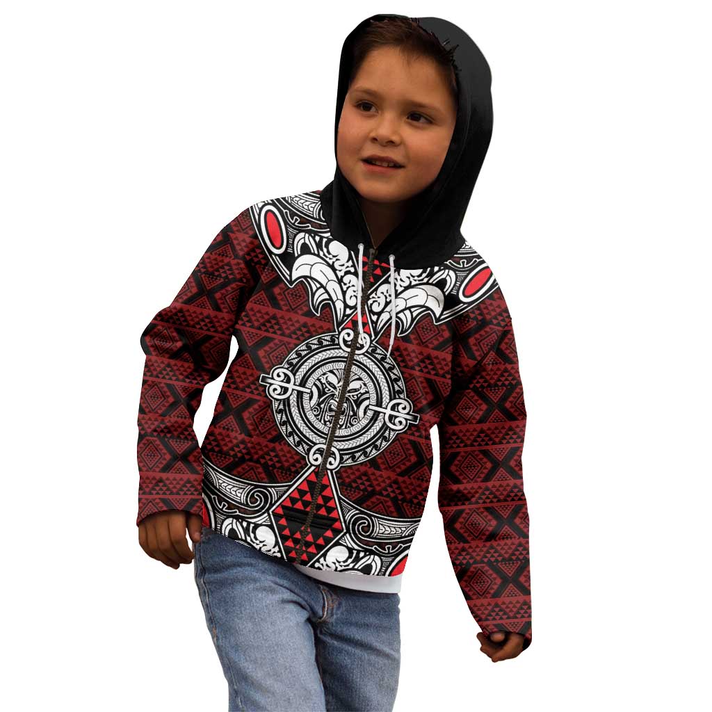 Red Aotearoa Tanilo Motif Kid Hoodie Vintage Maori New Zealand Tribal Art Pattern