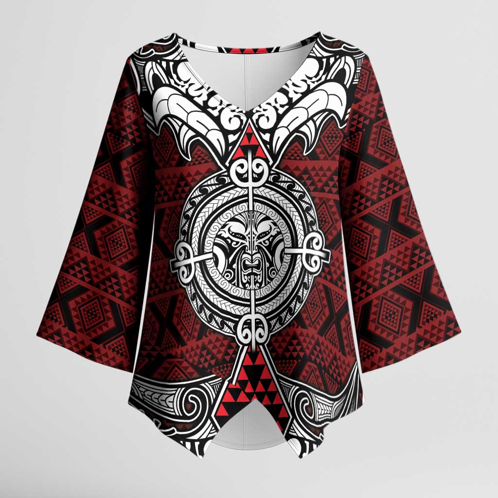 Red Aotearoa Taniko Motif Kimono Sleeve Blouse Vintage Maori New Zealand Tribal Art Pattern - Polynesian Pride