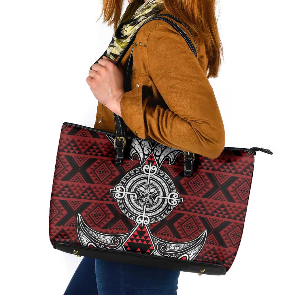 Red Aotearoa Taniko Motif Leather Tote Bag Vintage Maori New Zealand Tribal Art Pattern LT9 Red - Polynesian Pride