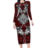 Red Aotearoa Tanilo Motif Long Sleeve Bodycon Dress Vintage Maori New Zealand Tribal Art Pattern