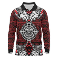 Red Aotearoa Tanilo Motif Long Sleeve Polo Shirt Vintage Maori New Zealand Tribal Art Pattern