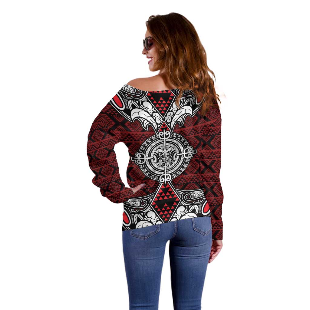 Red Aotearoa Tanilo Motif Off Shoulder Sweater Vintage Maori New Zealand Tribal Art Pattern