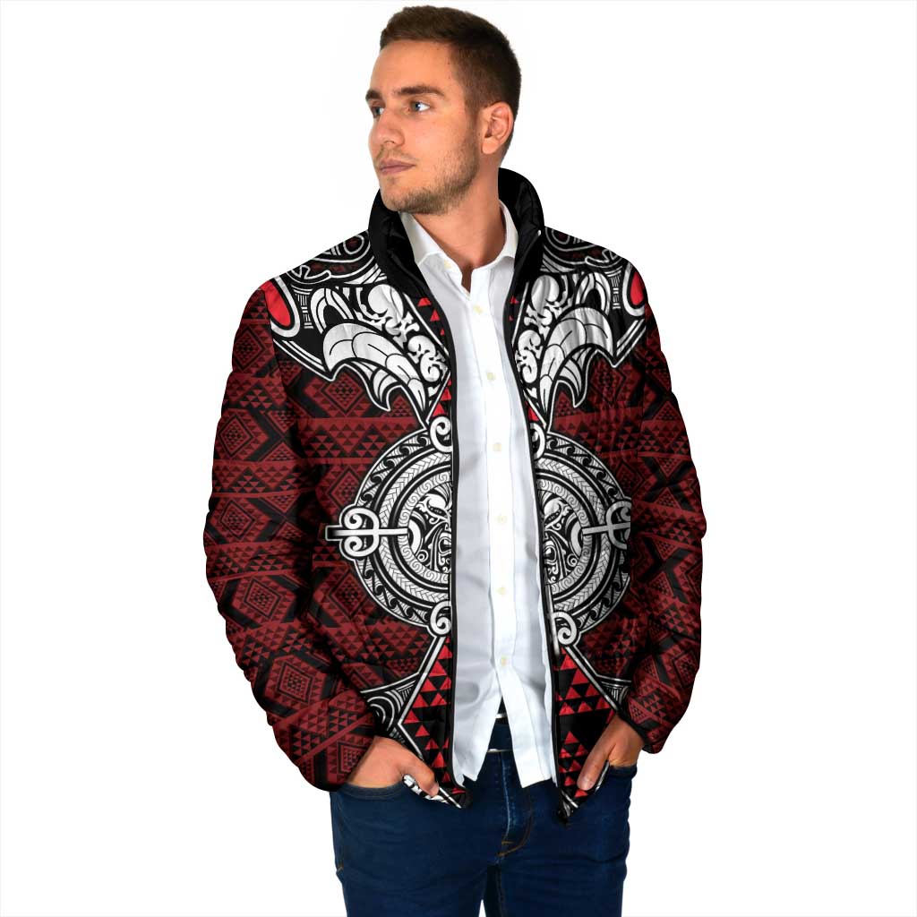 Red Aotearoa Taniko Motif Padded Jacket Vintage Maori New Zealand Tribal Art Pattern - Polynesian Pride