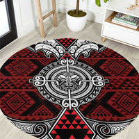 Red Aotearoa Taniko Motif Round Carpet Vintage Maori New Zealand Tribal Art Pattern