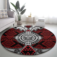 Red Aotearoa Taniko Motif Round Carpet Vintage Maori New Zealand Tribal Art Pattern