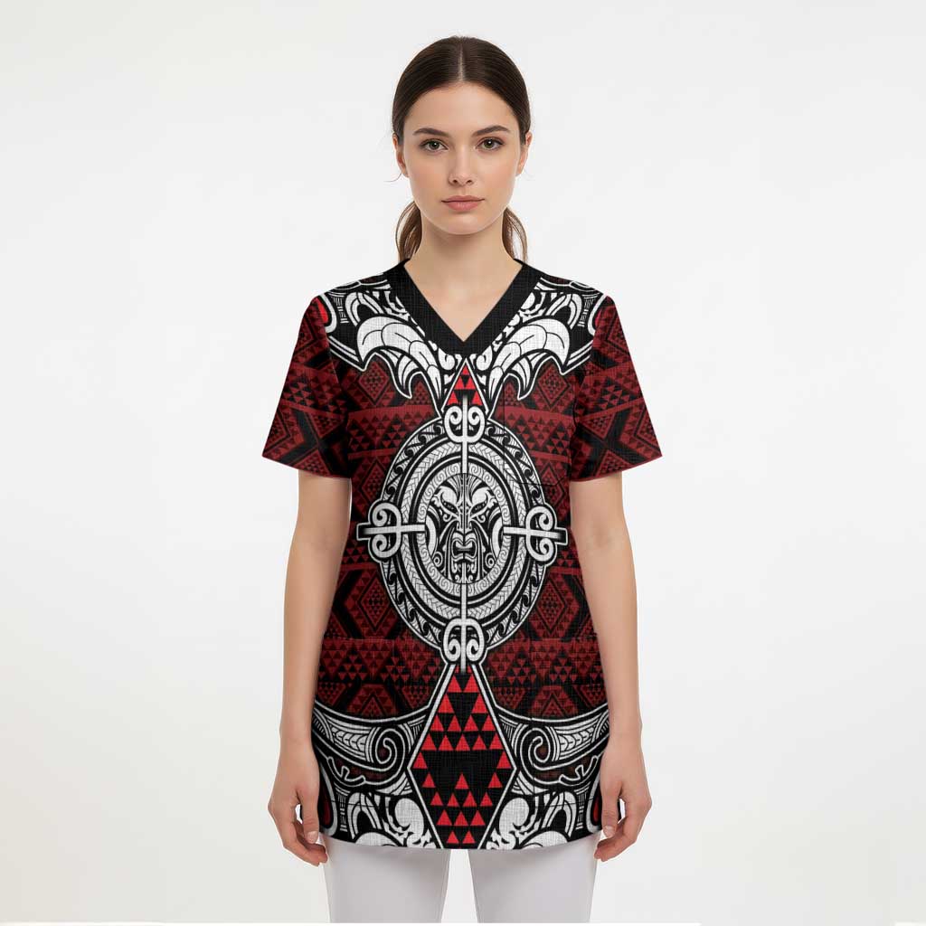 Red Aotearoa Taniko Motif Scrub Top Vintage Maori New Zealand Tribal Art Pattern - Polynesian Pride