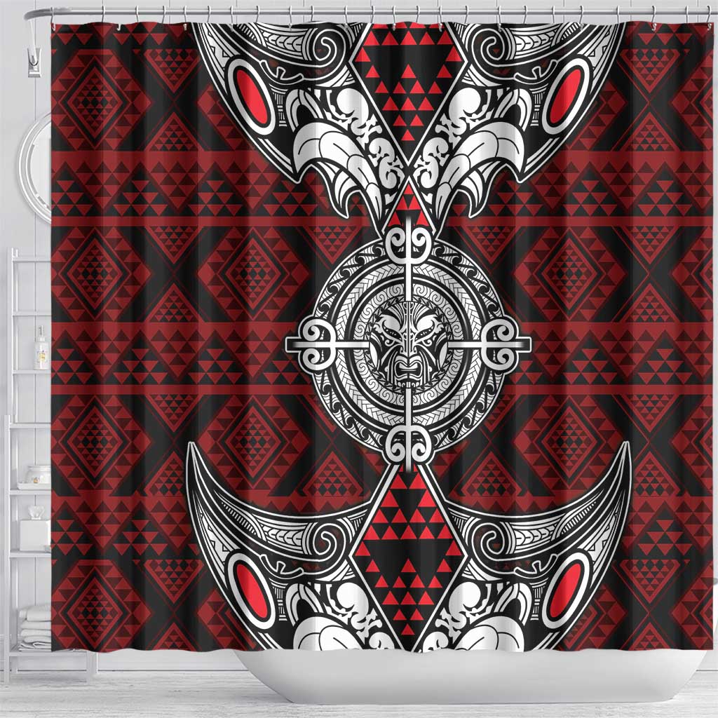 Red Aotearoa Taniko Motif Shower Curtain Vintage Maori New Zealand Tribal Art Pattern