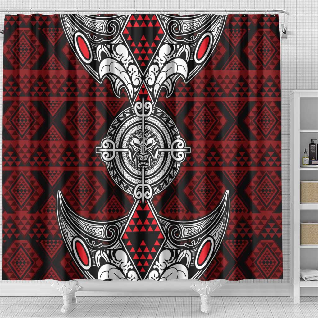 Red Aotearoa Taniko Motif Shower Curtain Vintage Maori New Zealand Tribal Art Pattern