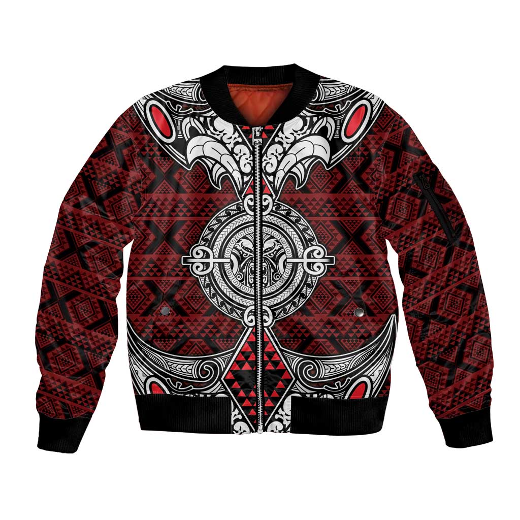 Red Aotearoa Tanilo Motif Sleeve Zip Bomber Jacket Vintage Maori New Zealand Tribal Art Pattern