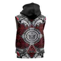 Red Aotearoa Taniko Motif Sleeveless Hoodie Vintage Maori New Zealand Tribal Art Pattern - Polynesian Pride
