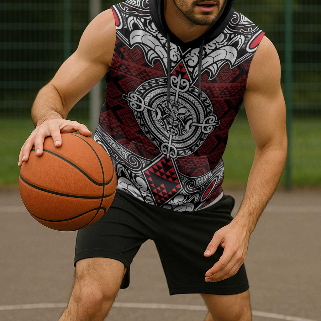 Red Aotearoa Taniko Motif Sleeveless Hoodie Vintage Maori New Zealand Tribal Art Pattern - Polynesian Pride