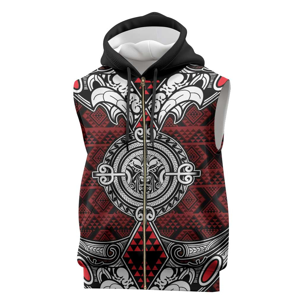 Red Aotearoa Taniko Motif Sleeveless Zip Hoodie Vintage Maori New Zealand Tribal Art Pattern - Polynesian Pride