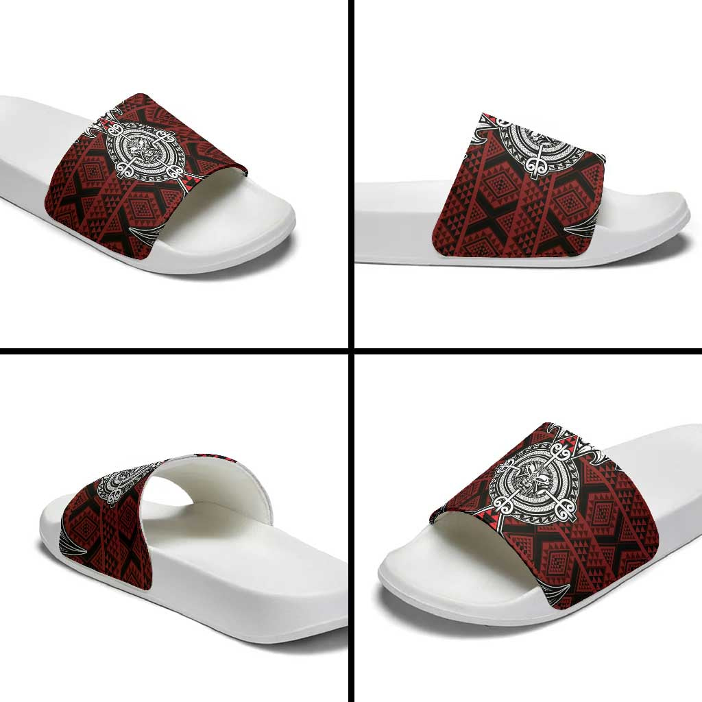 Red Aotearoa Taniko Motif Slide Sandals Vintage Maori New Zealand Tribal Art Pattern - Polynesian Pride