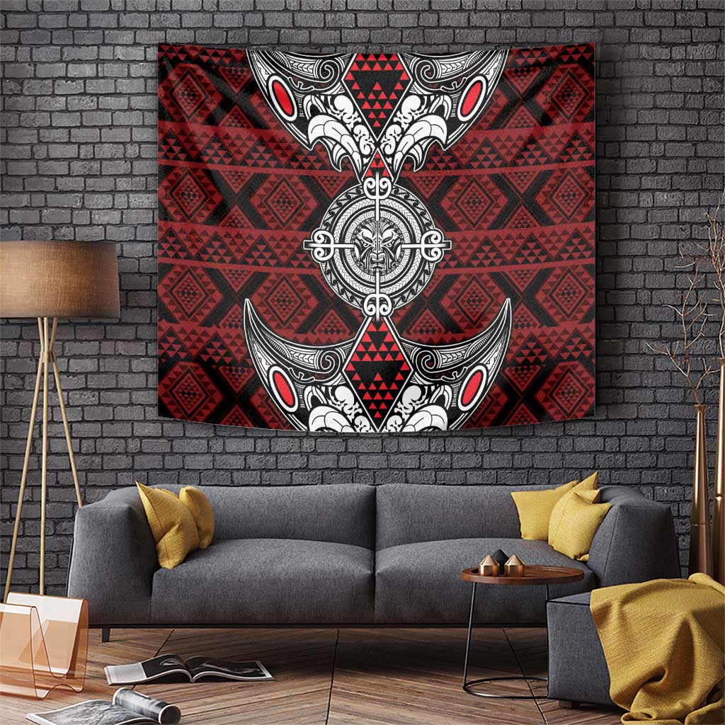 Red Aotearoa Taniko Motif Tapestry Vintage Maori New Zealand Tribal Art Pattern