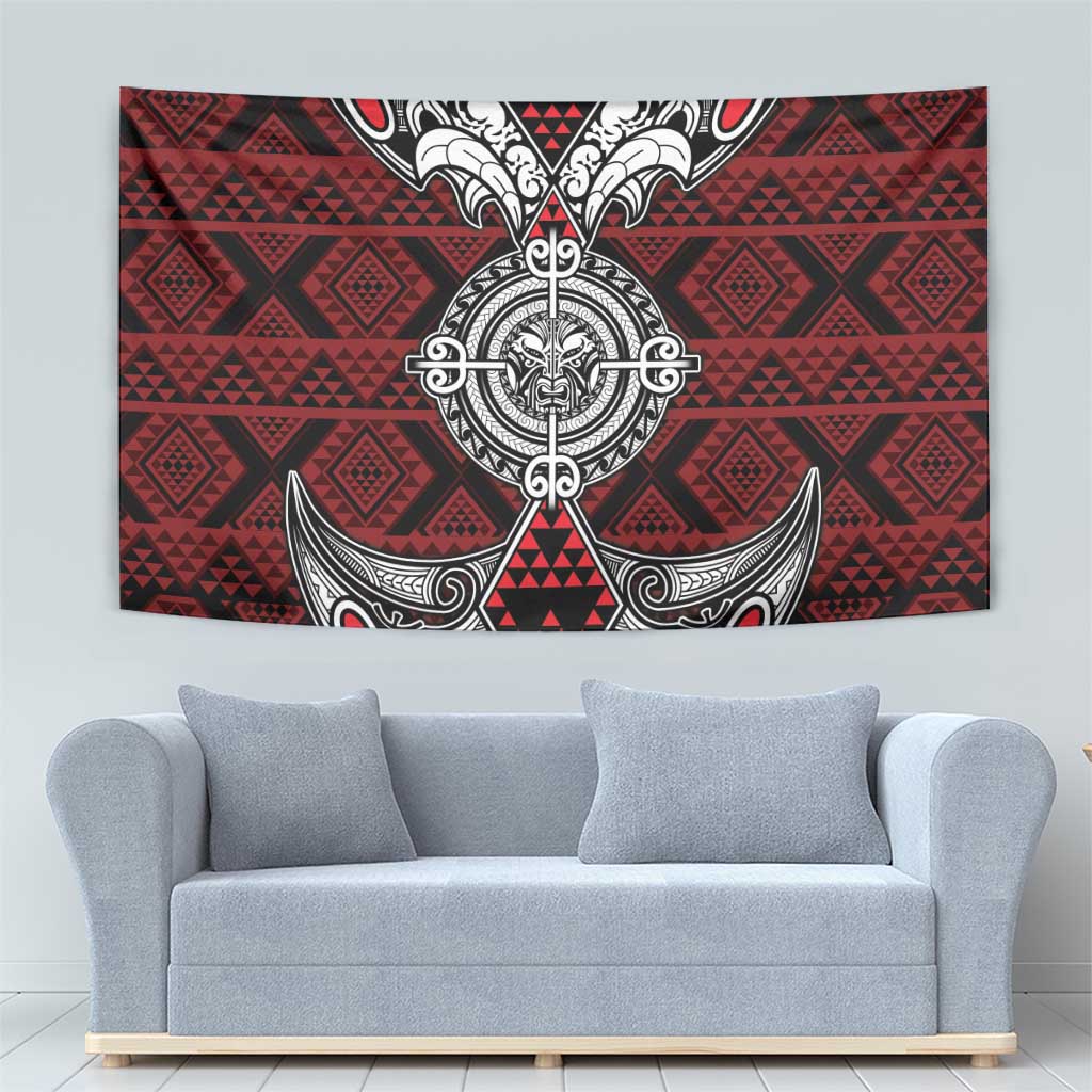 Red Aotearoa Taniko Motif Tapestry Vintage Maori New Zealand Tribal Art Pattern
