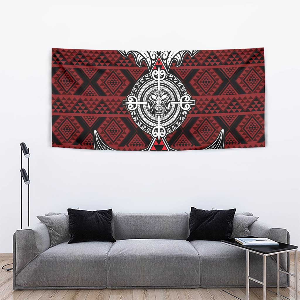 Red Aotearoa Taniko Motif Tapestry Vintage Maori New Zealand Tribal Art Pattern