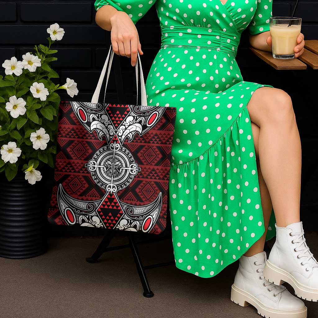 Red Aotearoa Taniko Motif Tote Bag Vintage Maori New Zealand Tribal Art Pattern - Polynesian Pride