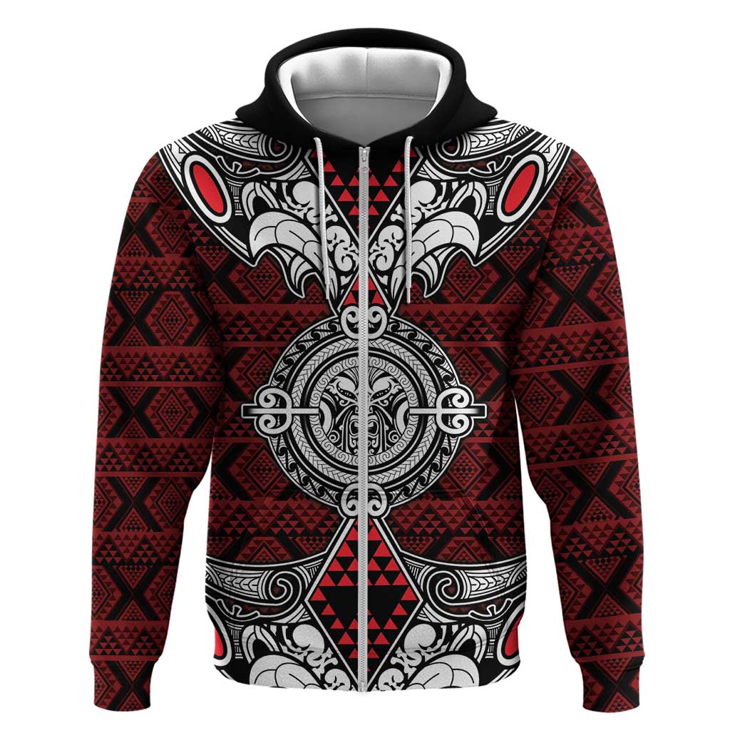 Red Aotearoa Tanilo Motif Zip Hoodie Vintage Maori New Zealand Tribal Art Pattern