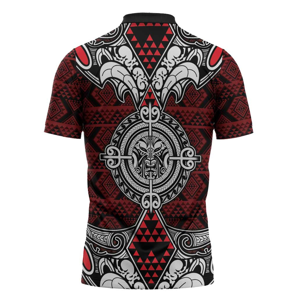 Red Aotearoa Taniko Motif Zipper Polo Shirt Vintage Maori New Zealand Tribal Art Pattern - Polynesian Pride